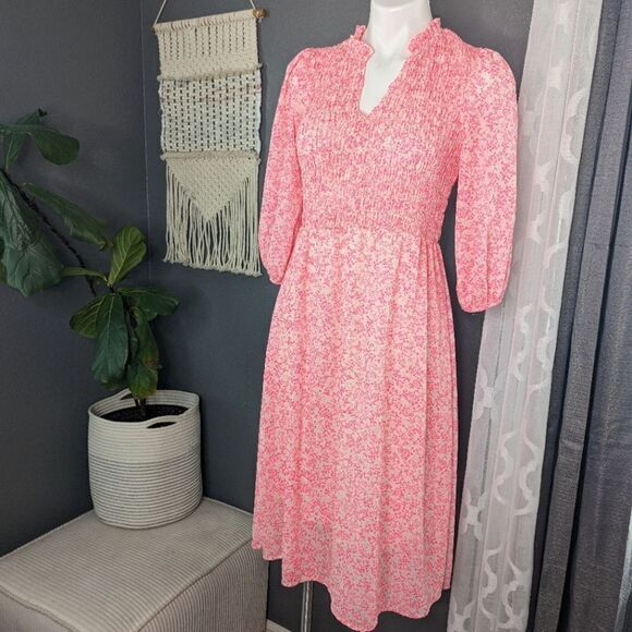 Superfoxx Smocked Midi Dress Floral Hot Pink Women’s Size Small - Picture 2 of 9